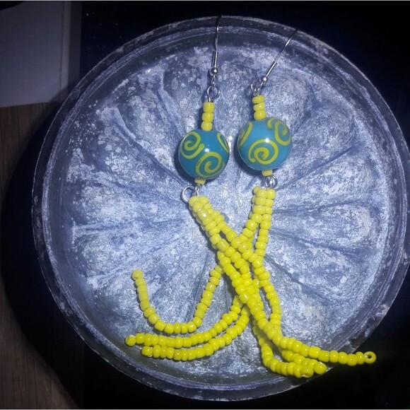Artisan Earrings  051L# Teal Yellow glass long fringe bead earrings shoulder dus - Picture 3 of 3
